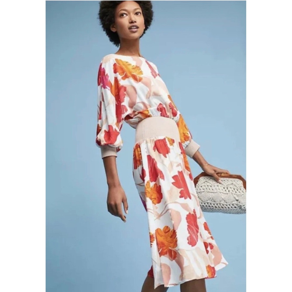 Maeve Anthropologie Floral Smocked Waist Midi Dress Red Orange White Size L‎